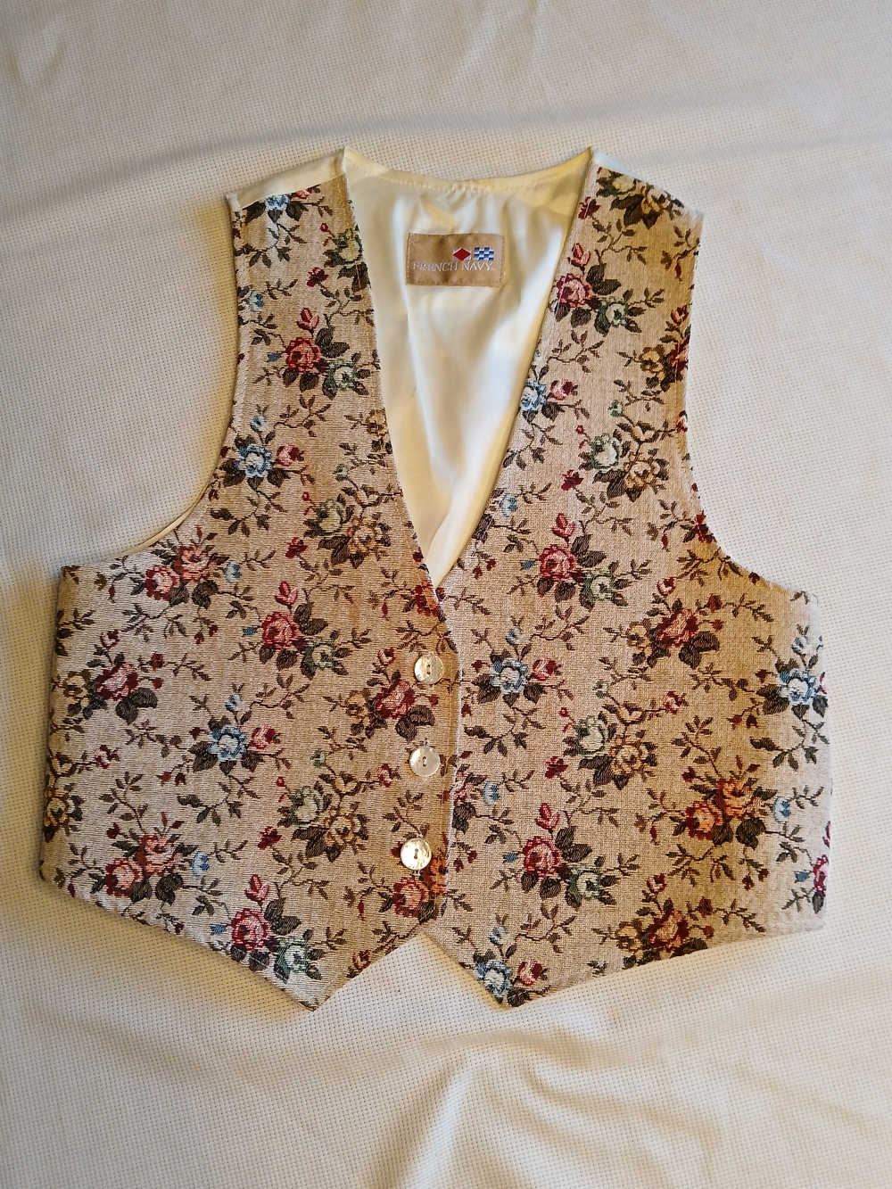 French Navy Floral Tapestry Vest in Beige